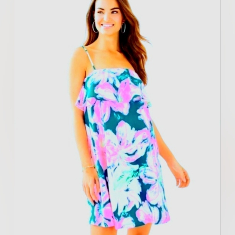 LILLY PULITZER Pink & Teal Hibiscus Floral Ruffle Mini Dress Size L